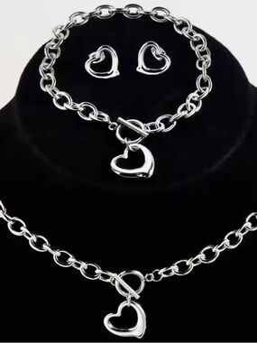 Silver Heart Toggle Necklace and Earring Set - Women's Jewelry
